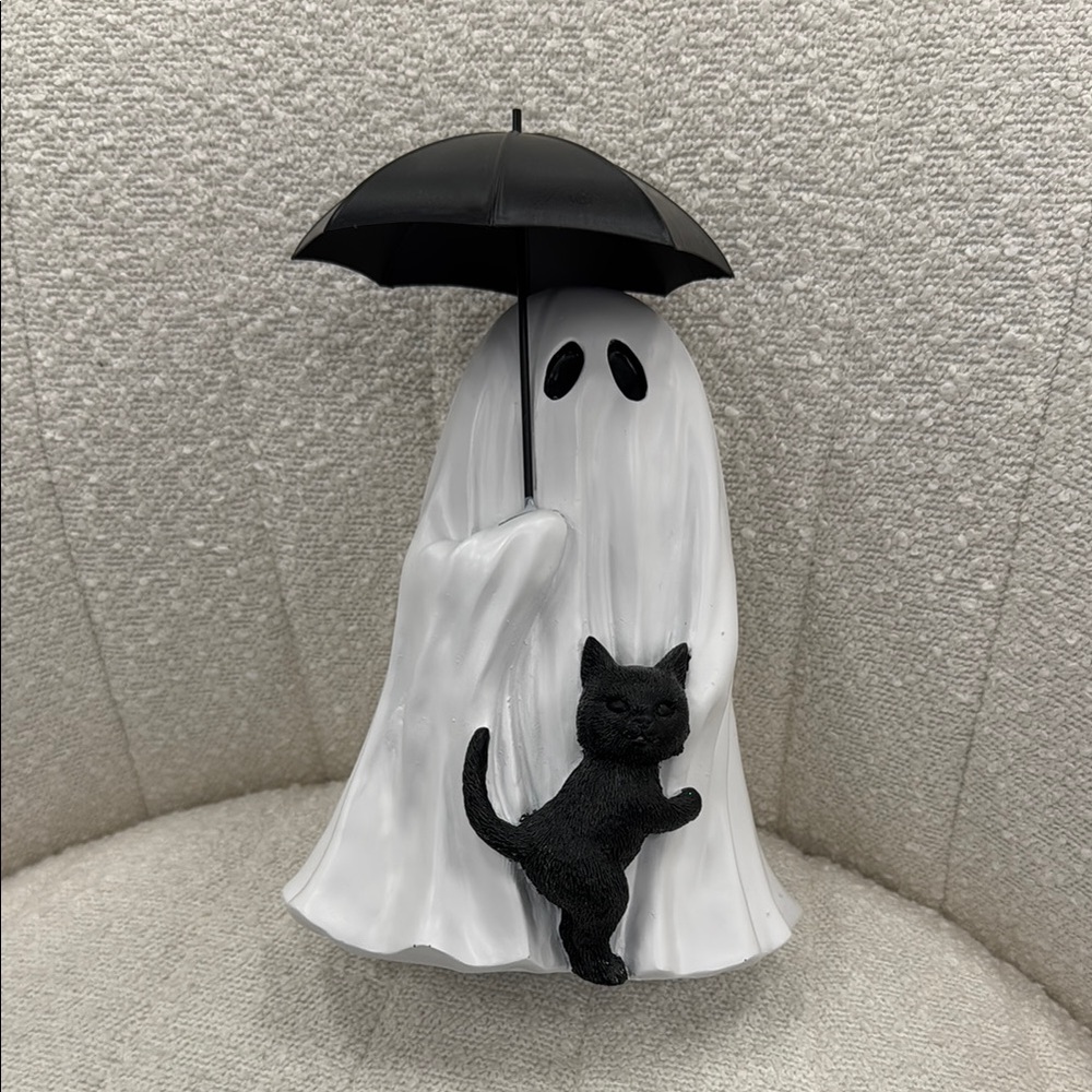 Ghost Figurine with Black Cat and Umbrella